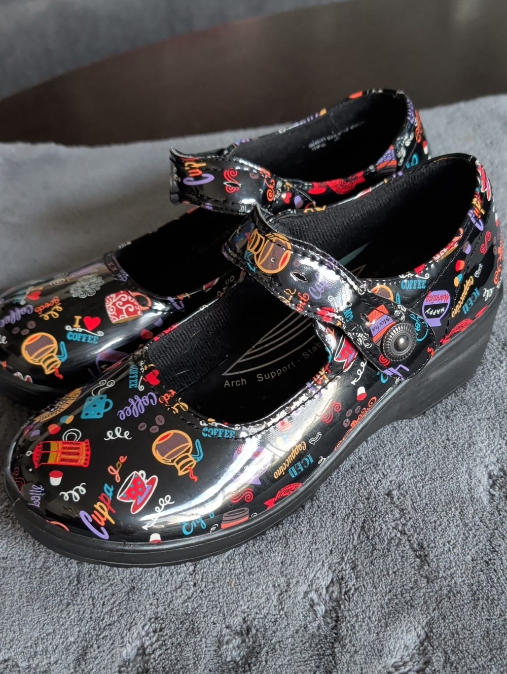 Women's Black Mary Jane Dress Shoes with Colorful Coffee Print